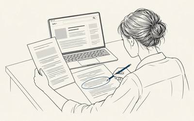 An editor compares a source document with an article on a laptop and marks a paragraph in a printed draft.