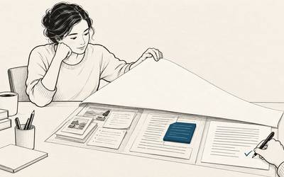 An author lifts a disclosure sheet to reveal sources, AI assistance, and final human review.