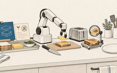 A small kitchen robot assembles a cheese sandwich beside ingredients, tools, and a checked finished sandwich.