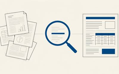 A path carries scattered company documents into a customer proposal and a business decision