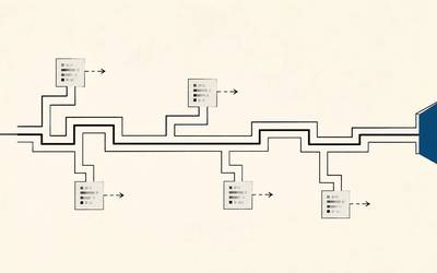 A horizontal line branches into five side-system boxes before reaching a blue endpoint.