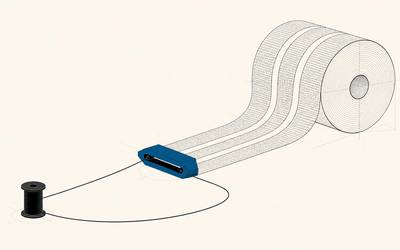 A thin thread from a small black spool passes through a blue mechanism, widens into three bands, and accumulates on a large roll.