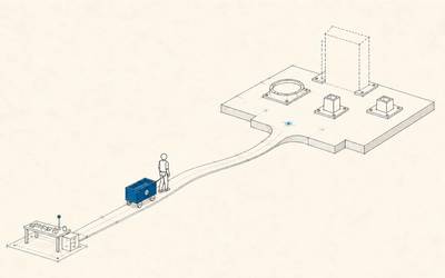 An employee and blue support cart approach a new workstation whose essential fixtures remain unfinished