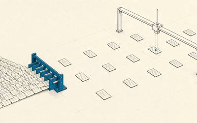 Crowded work cards open into a spacious inspection field where one exception is detected