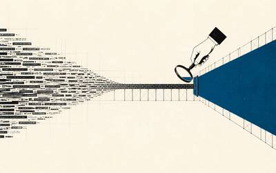 A hand holds a magnifying glass over code funneling through a narrow passage.
