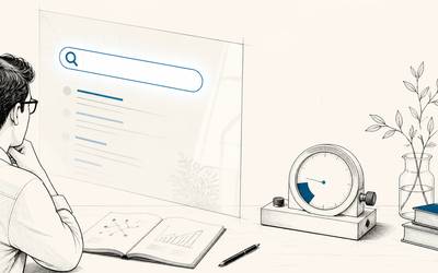 A researcher compares search results with a gauge and handwritten notes on a desk