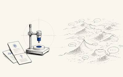 A testing device samples prompt cards beside a landscape of disconnected conversation bubbles.
