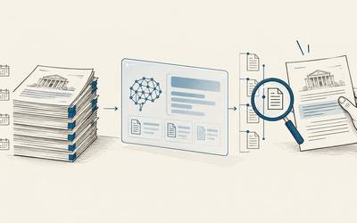A hand checks an AI answer against dated institutional documents and their source trail.