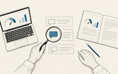 A magnifying glass examines an answer card between a software dashboard and a consulting proposal.