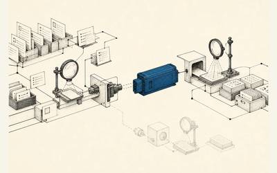 A blue module links two document-processing systems, with inspection steps on both sides.