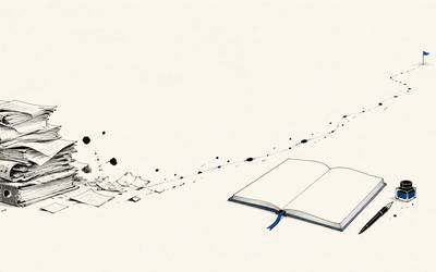 A paper archive gives way to an open notebook along a path marked in blue