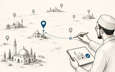 A person verifies mosque locations across a map, pins, and a tablet