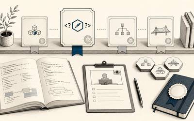 Framed badges with symbols and question marks sit above an open book and a checklist.