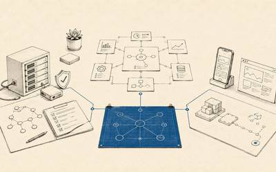 Three work areas meet at a shared decision board, separating internal operations, business transformation, and product technology.