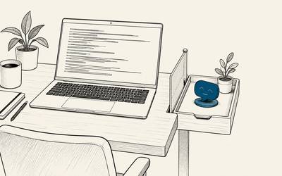 A blue speech token sits behind a divider beside a laptop displaying code-like lines.