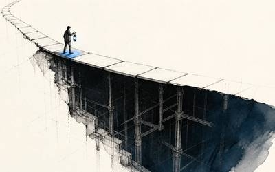 A lone figure with a lantern crosses a bridge above supports fading into darkness.