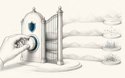 A hand turns a blue dial on a shielded gate beside four layers of abstract data patterns.