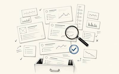 Article cards are reviewed with a magnifier before being kept, revised, or filed away