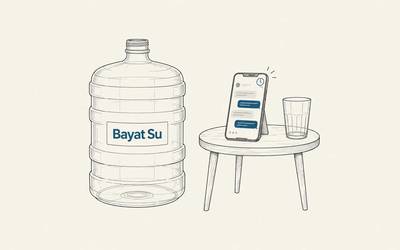 An empty Bayat Su water jug stands beside a phone displaying chat replies and an empty glass.