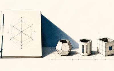 A bound sheet with a geometric diagram stands beside a polyhedron, cylinder and cube.