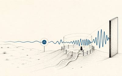A blue AI signal moves from open terrain through human oversight to a firm boundary