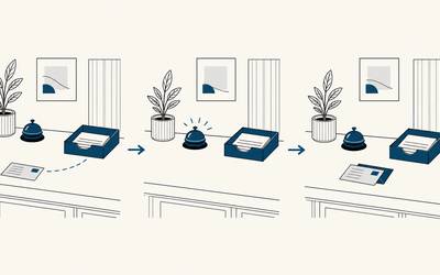 A reminder card moves through successive reception desks, showing follow-up over time