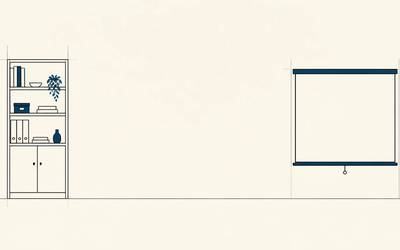 A content shelf sits apart from a blank presentation screen