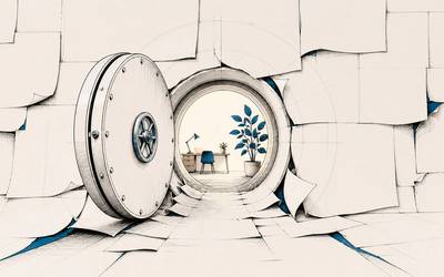 An open vault door in a cracked paper wall reveals a small table and blue plant beyond it.