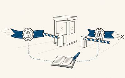 Two locked access gates protect a central credential checkpoint and reference book