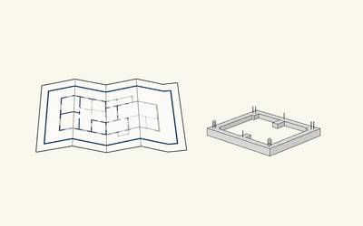 A folded blueprint and a constructed foundation contrast borrowed plans with building from first principles