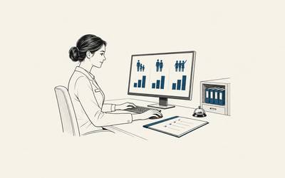 A hotel employee reviews spending charts for families, couples and groups of friends on a computer.
