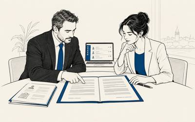 Customer and supplier review a contract beside a laptop displaying customer records.