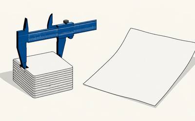 A blue caliper compares a stack of pages with a single loose sheet.