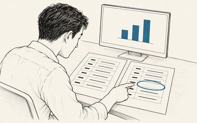Beside a rising performance chart, a person compares two documents and points to a missing entry.