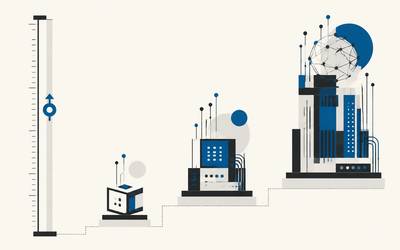 Three increasingly complex blue-and-black systems rise beside a vertical measurement scale.