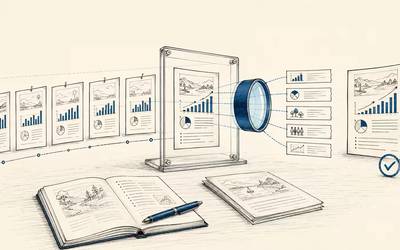 Monthly reports pass through a blue evidence filter before reaching a final human decision.