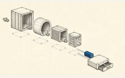 A blue application core leaves four disconnected infrastructure shells and moves along a rail into a compact runtime
