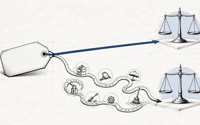 A price tag branches into direct and winding payment paths ending at balanced scales