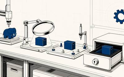 A PHP elephant, inspection lens and blue packages sit along an assembly line.
