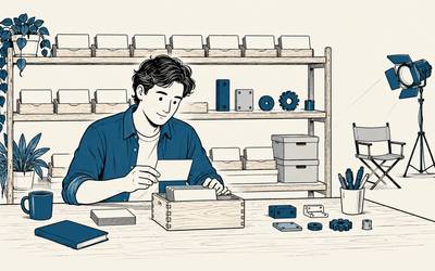 A founder keeps a chronological project archive at a calm workbench instead of chasing a launch moment.