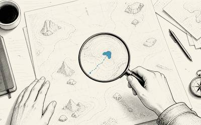 A hand holds a magnifying glass over a blue marker on a sketched map.