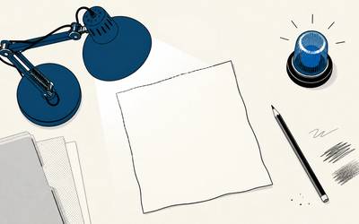 A blue desk lamp and lit alert beacon sit beside a blank sheet of paper and pencil.