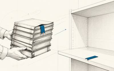 Hands carry a stack of bound books with a blue bookmark toward an empty shelf.