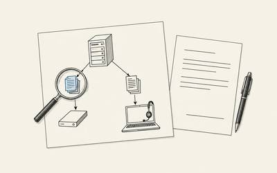 A data-flow plan shows backup and support copies beside a contract, with one copy under a magnifier.