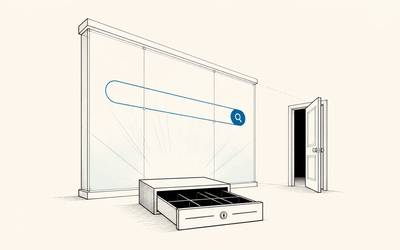 A search field hangs above an open drawer, with an open door beyond it.