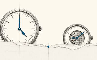 Two clocks on opposite sides of a torn timeline show different rhythms of change