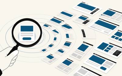 A magnifying glass isolates one button amid a sequence of redesigned webpage layouts