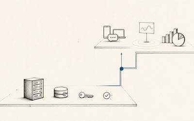 A blue path connects a lower shelf of server, database, key and check mark to devices and charts above.