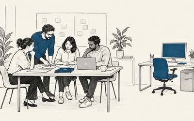 A small team works around a project table beside an empty workstation that was never filled.