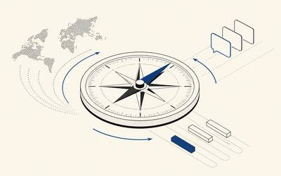 A compass sits between a dotted world map, stacked panels and branching tracks.